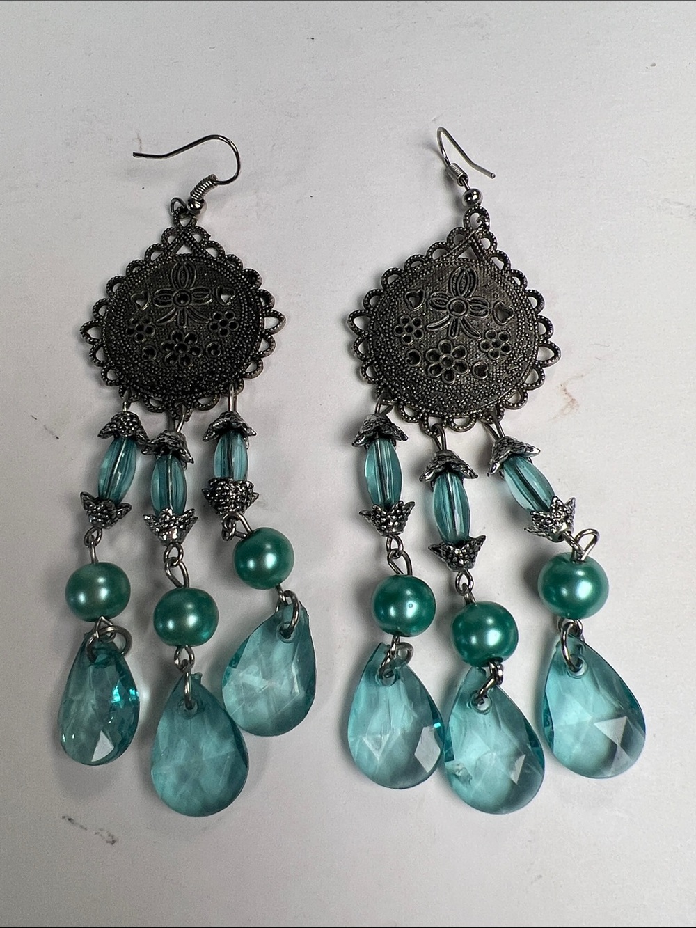 Boho Teal Dangle Chandelier Earrings with Filigree Accents